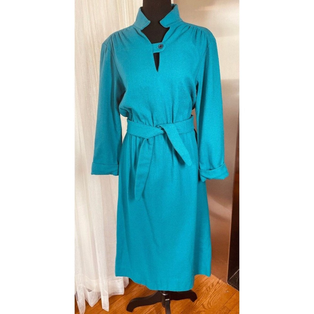 Vintage 60s dress, teal/turquoise, 100% wool, long sleeves, A-Line, tiebelt